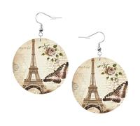 ZhaoYuGoods Vintage Paris Eiffel Tower Butterfly Round Earrings in PVC Leather | Print Lightweight Circle Drop Earrings with Silver-Plated 925 Hooks