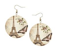 ZhaoYuGoods Vintage Paris Eiffel Tower Butterfly Round Earrings in PVC Leather | Print Lightweight Circle Drop Earrings with Silver-Plated 925 Hooks