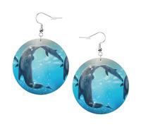 ZhaoYuGoods winter the dolphin Round Earrings in PVC Leather | Print Lightweight Circle Drop Earrings with Silver-Plated 925 Hooks