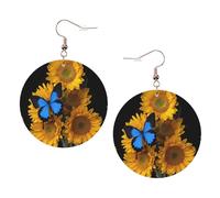 ZhaoYuGoods Yellow Sunflowers with Blue Butterflies Round Earrings in PVC Leather | Print Lightweight Circle Drop Earrings with Silver-Plated 925 Hooks