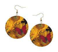 ZhaoYuGoods Yellow Sunflowers with Red Butterfly Round Earrings in PVC Leather | Print Lightweight Circle Drop Earrings with Silver-Plated 925 Hooks