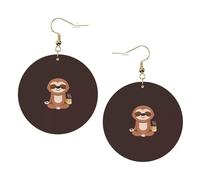 ZhaoYuGoods Yoga Sloth Coffee Round Earrings in PVC Leather | Print Lightweight Circle Drop Earrings with Silver-Plated 925 Hooks