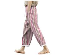 ZHAWEIYC Women's Summer Cotton Linen Trousers Loose Pocket Elastic Waist Wide Leg Trousers Retro Literary Plain Casual Ninth Trousers Summer Trousers Short Size, Pink (pink-1), M
