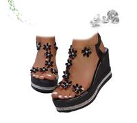 ZHCBAUA Women's Chic Elegant Flower Slip-On Wedge Sandals, Platform Heightening Comfort Elastic Ankle Strap Shoes, Bohemian Summer Beach Flower Heels Sandals for Women (Black-a,36EU)