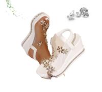 ZHCBAUA Women's Chic Elegant Flower Slip-On Wedge Sandals, Platform Heightening Comfort Elastic Ankle Strap Shoes, Bohemian Summer Beach Flower Heels Sandals for Women (White,39EU)