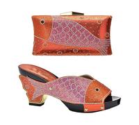 ZHCHAO Fish mouth sandals slippers high heels with solid color rhinestone goldfish bag hold bag wear casual shoes(42)