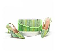 ZHCHAO Green women's shoes stiletto sandals pointed full color rhinestone bag with outfit(42)