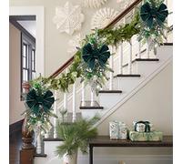 ZHDOKA 4pcs Christmas Stair Swags, 24in Artificial Berries Pinecone Teardrop Swags with LED String Lights and Green Velent Bowknot, Christmas Pre-Lit Stairway Garland for Door, Fireplace, Window Decor