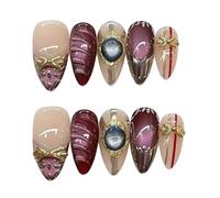 ZHEBO Handmade Press on Nails Medium Almond French Tip | Handmade Hand-Painted Cat Eye Ice Transparent Blush Star Heart French Almond Medium S/M/L/XS for Women