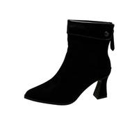 ZHEBO Women Pointed Toe Block Heel Ankle Boots Back Zip Leopard Black | ZHEBO Pointed Toe Ankle Boots Block High Heel 6-8cm Back Zip Leather Panel Leopard Black Suede PU Autumn Winter