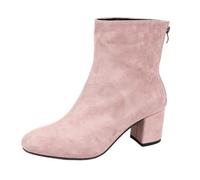 ZHEBO Women Round Toe Block Heel Ankle Boots Back Zip Faux Suede 4 Colors | ZHEBO Round Toe Ankle Boots Block High Heel 6-8cm Back Zip Faux Suede PU Low Shaft 25cm 4 Colors Black Yellow Blue Pink