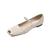 ZHEBO Womens Square Toe Flat Shoes Pearl Beaded Slip-On Soft Sole | Square Toe Flat Pearl Beaded Slip-On Microfiber PU Insole Black Apricot
