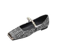 ZHEBO Womens Square Toe Flat Shoes Pearl Beaded Slip-On Soft Sole | Square Toe Flat Pearl Beaded Slip-On Microfiber PU Insole Black Apricot