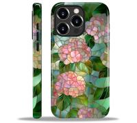 ZHEGAILIAN Case for iPhone 15 Pro,Durable Drop Protection Shockproof Silicone + Hard PC 2 in 1 Hybrid Protective Cover with Stylish Pattern Design Pink Hydrangea Flower Stained Glass