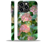 ZHEGAILIAN Case for iPhone 15 Pro Max,Durable Drop Protection Shockproof Silicone + Hard PC 2 in 1 Hybrid Protective Cover with Stylish Pattern Design Pink Hydrangea Flower Stained Glass