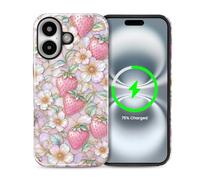 ZHEGAILIAN for iPhone 16 6.1in,2-in-1 Case Compatible with MagSafe Shockproof Anti-Slip with Full-Body Protection Cover,Glossy Textured Fashion Print Design for Women Gilded Strawberry Blooms