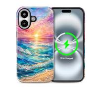 ZHEGAILIAN for iPhone 16 Plus,Glossy 2-in-1 Case Compatible with MagSafe Full Coverage Doublelayer Shockproof Anti-Fall Protection Cover,Print Design for Women Sea Wave Sunset