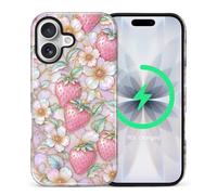 ZHEGAILIAN for iPhone 17 6.3in,2-in-1 Case Compatible with MagSafe Shockproof Anti-Slip with Full-Body Protection Cover,Glossy Textured Fashion Print Design for Women Gilded Strawberry Blooms