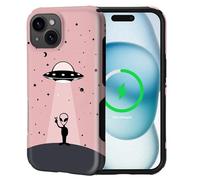 ZHEGAILIAN Magnetic Case for iPhone 15 Plus,Compatible with MagSafe Hard Shell + Soft Silicone Upgrade 2 in 1 Hybrid Shockproof Bumper Drop Protective Case -Alien Pink Peace Wave