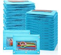 Zhehao 100 Pieces Zipper Binder Pencil Pouches Bulk 3 Ring Binder Pouches Zipper Pouches Case with Window Ring Binder Pencil Bags Case Office School Supplies (Blue,Double Layer with Mesh Layer)