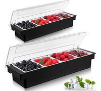 Zhehao 2 Pieces Fruit Veggie Condiment Caddy Serving Tray with Lid Plastic Condiments Organizer Black Condiment Server Toppings Bar Container for Ice Cream Taco Garnish Salad Food, 4 Compartments