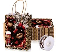 Zhehao 24 Pcs Cheetah and Cherry Party Bags with Handles Red and Black Leopard Red Lips Heart Print Party Gifts Goodie Candy Bags for Birthday Baby Shower Wedding Supplies