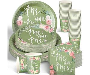 Zhehao 250 Pcs Mr. and Mrs. Bridal Shower Plates Napkins Sets 50 Pcs 9'' Dinner Plates and 7'' Dessert Plate and 9oz Cups 100 Napkins Serves 50 Party Supplies Bridal Shower Engagement Decoration