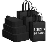 Zhehao 60 Pack Reusable Tote Bag Bulk with Handles, 3 Sizes 9.8x3.9x13.8 & 11.8x3.9x20& 13.8x4.7x16.1 Inch, Grocery Non Woven Bags for Party Birthday Shopping Takeouts Retail (Black)