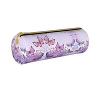 Zhengjia Beautiful Purple Butterfly Art Round Leather Pencil Case - Large Capacity Pencil Case for School & Office