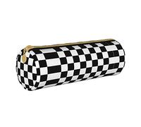 Zhengjia Black and White Plaid Round Leather Pencil Case - Large Capacity Pencil Case for School & Office