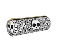 Zhengjia Black and White Skulls Round Leather Pencil Case - Large Capacity Pencil Case for School & Office