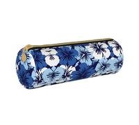 Zhengjia Blue Hibiscus Round Leather Pencil Case - Large Capacity Pencil Case for School & Office