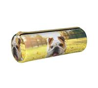 Zhengjia Cute Bulldog Puppy Round Leather Pencil Case - Large Capacity Pencil Case for School & Office
