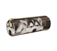 Zhengjia Husky Dog Round Leather Pencil Case - Large Capacity Pencil Case for School & Office