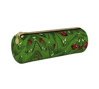 Zhengjia Leaves and Ladybugs Round Leather Pencil Case - Large Capacity Pencil Case for School & Office