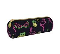 Zhengjia Pineapple Banana Flamingo Round Leather Pencil Case - Large Capacity Pencil Case for School & Office