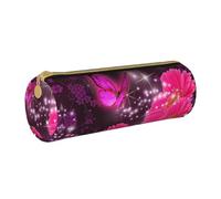 Zhengjia Pink Flower Purple Butterfly Round Leather Pencil Case - Large Capacity Pencil Case for School & Office
