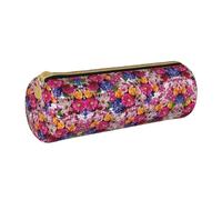 Zhengjia Pink Flowers and Golden Roses Round Leather Pencil Case - Large Capacity Pencil Case for School & Office