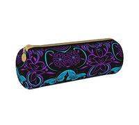 Zhengjia Purple Butterfly and Flowers Round Leather Pencil Case - Large Capacity Pencil Case for School & Office