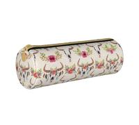 Zhengjia Runner Bull Skull Round Leather Pencil Case - Large Capacity Pencil Case for School & Office