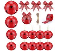 Zhengmy 12 Pack Large Size Christmas Star Cutout Bells Ornament Giant Vintage Rustic Metal Bells with Plaid Ribbon Jute Twine Christmas Tree Hanging Decor for Xmas Party Farmhouse(Red)