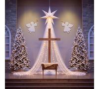 Zhengmy Nativity Scene Decoration Set 3D LED Star Xmas Home Church Decor | Hanging Paper Star, White Tulle LED Lights Photo Backdrop, Holy Family Religious Decor, Sunday School, Christian Decoration
