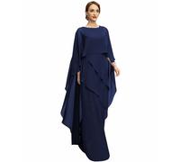 ZHengquan Elegant Chiffon Mother of The Bride Dresses with Cap A Line Layered Wedding Guest Evening Dress Asymmetric Party Dress Navy Blue