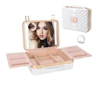 ZhenGuiRu Makeup Case with LED Lighted Mirror, 11.5''x 8.7'' Portable Travel Makeup Organizer, Toiletry Storage Makeup Bag Gift for Lady, DIY Dividers Makeup Box with 5X Magnifying Mirror (White)