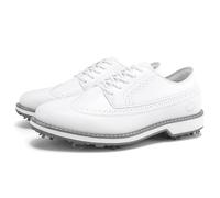 ZHENSI Men's Golf Shoes Waterproof Leather Spikes Anti-Slip Lace-Up for Business Golf Course,White,8.5 UK