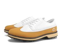 ZHENSI Men's Golf Shoes Waterproof Leather Spikes Anti-Slip Lace-Up for Business Golf Course,Yellow,11 UK