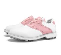 ZHENSI Spikes Golf Shoes Women Waterproof Business Golf Training Shoes Leather Lace-Up Anti-Slip,Pink B,8 UK