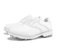 ZHENSI Spikes Golf Shoes Women Waterproof Business Golf Training Shoes Leather Lace-Up Anti-Slip,White,7 UK