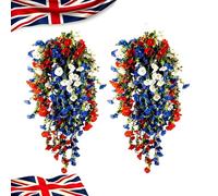 ZHENWO Patriotic Hanging Flower Baskets with LED Lights and Hook, Red White Blue Hanging Flowers, 4th of July Artificial Flower, Waterproof Windproof Fake Flower Basket Decor (No-Liight,2)