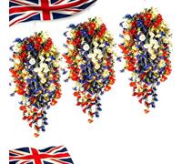 ZHENWO Patriotic Hanging Flower Baskets with LED Lights and Hook, Red White Blue Hanging Flowers, 4th of July Artificial Flower, Waterproof Windproof Fake Flower Basket Decor (Light,3)
